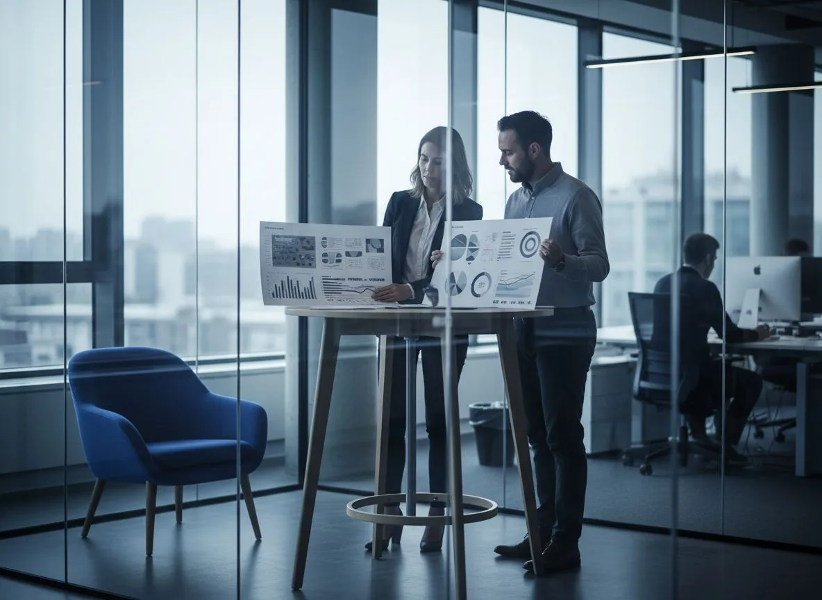 A strategy review at a standing table in a glass-walled room