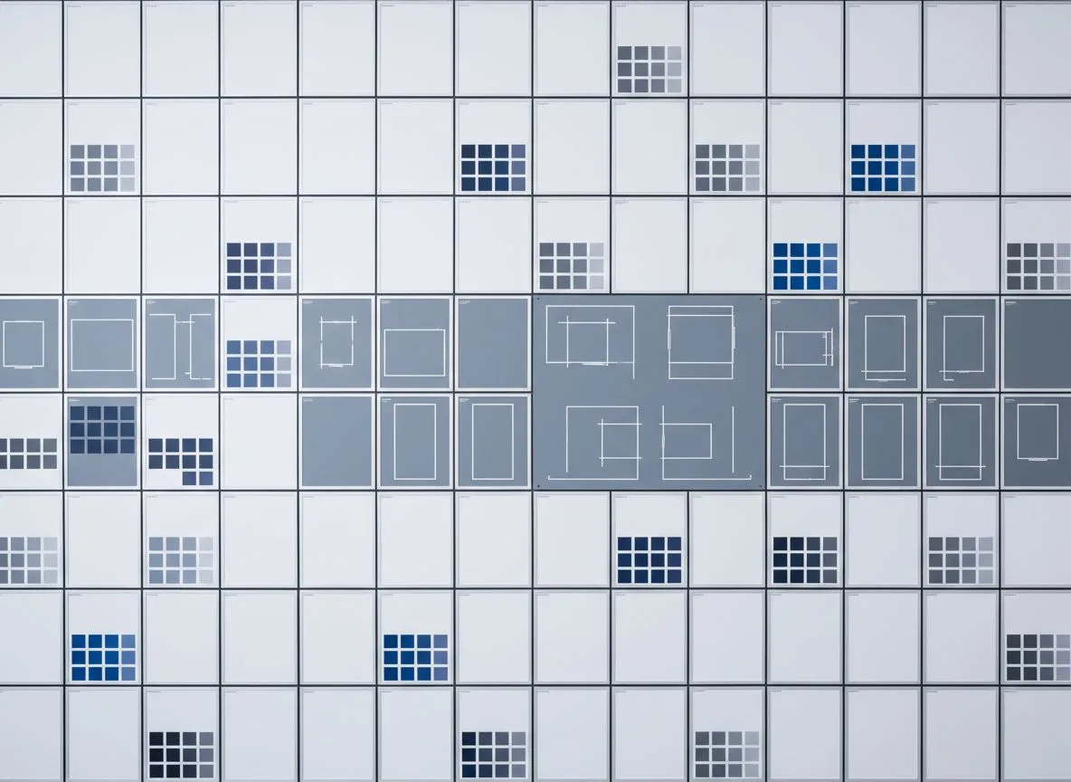 A wall of pinned brand system boards: grids, color chips, spacing diagrams